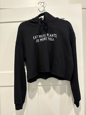 Black Cropped Hoodie with 'Eat More Plants, Do More Yoga' Graphic